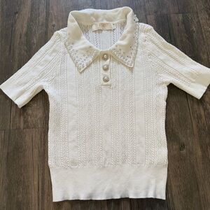 Lizette Collection White Cable Knit Polo Shirt Top Rhinestone Pearl Embellish M